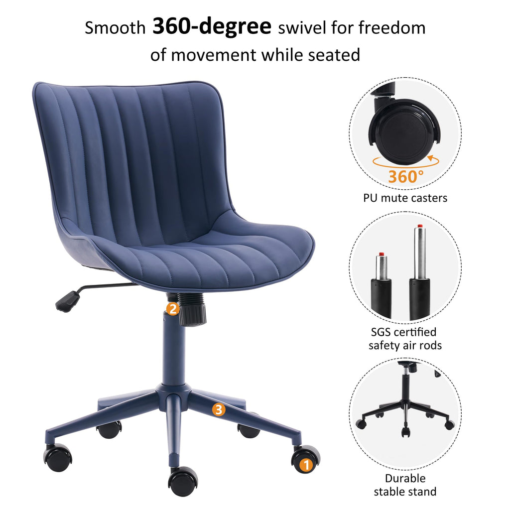 Office Desk Chair with Wheels Armless Vanity Chair with Back Comfy Leather Upholstered Rolling Task Chair Swivel Small Cute Sewing Chair No Arms Wide Ergonomic Mid-Century Modern Navy Blue