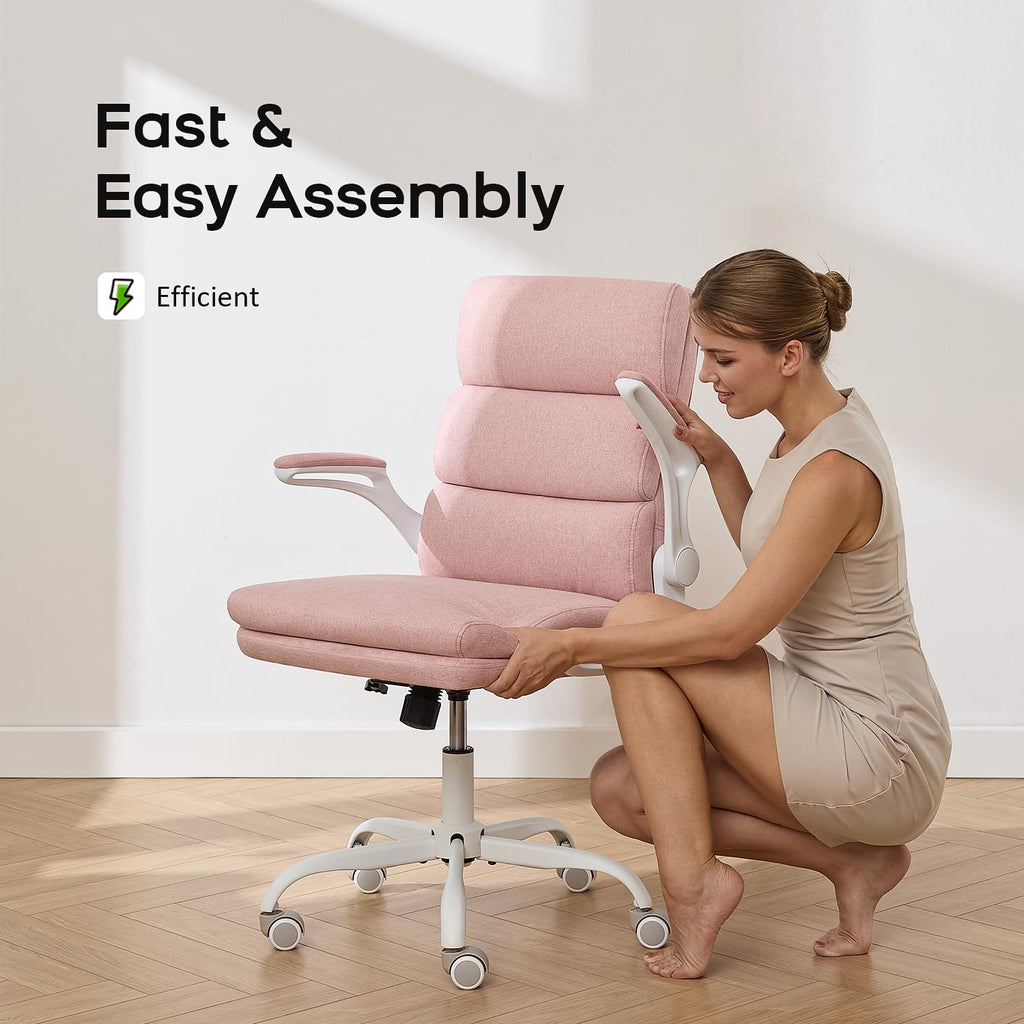 Office Chair Adjustable Desk Chair Mid Back Executive Comfortable Fabric Ergonomic Back Support Home Computer Chair with Padded Flip-up Armrest Swivel Wheels (Pink)