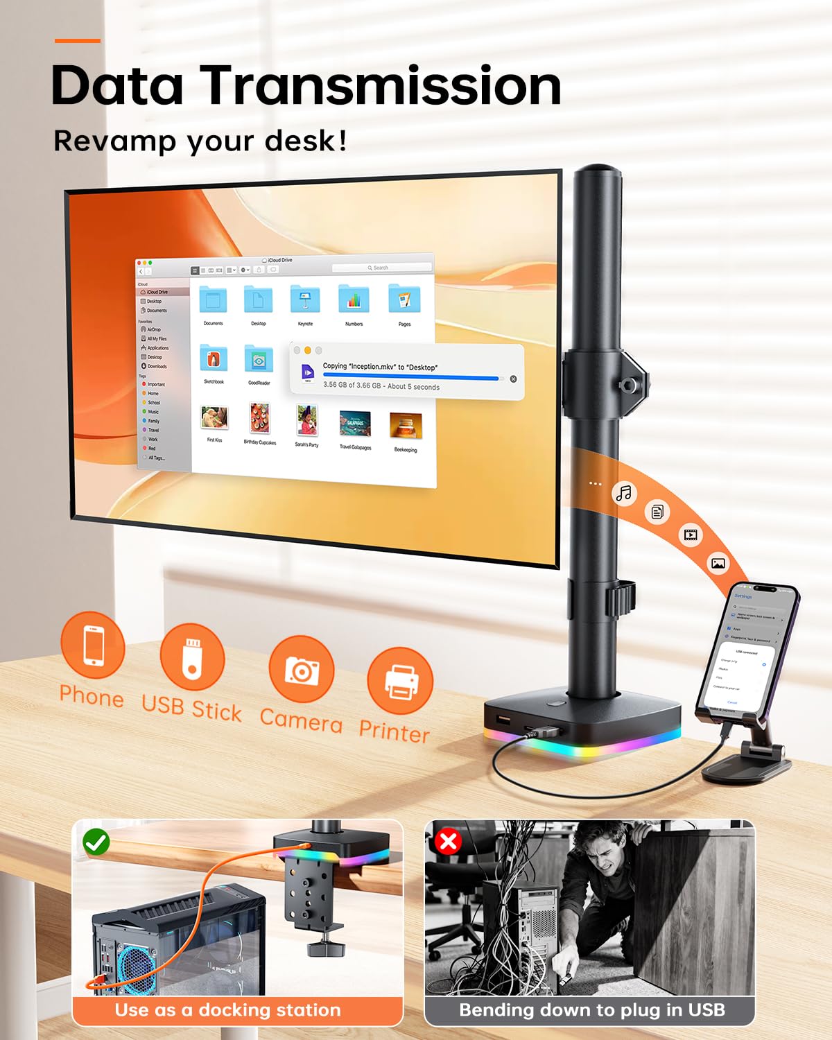 Single Monitor Desk Mount, Monitor Arm with 3 USB Ports, Charging and USB Data Transfer Function, Desk Mount for 13"-27" Monitors up to 17.6lbs, Adjustable Height, Tilt, Swivel, Rotate