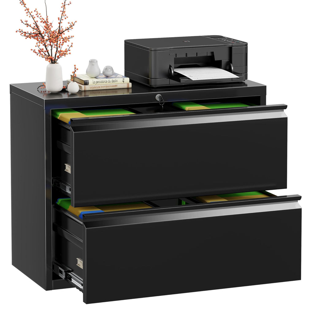 Lateral File Cabinet 2 Drawer, Black Metal File Cabinets for Home Office, Locking File Cabinet for Letter/Legal/F4/A4 Size, Easy Assembly