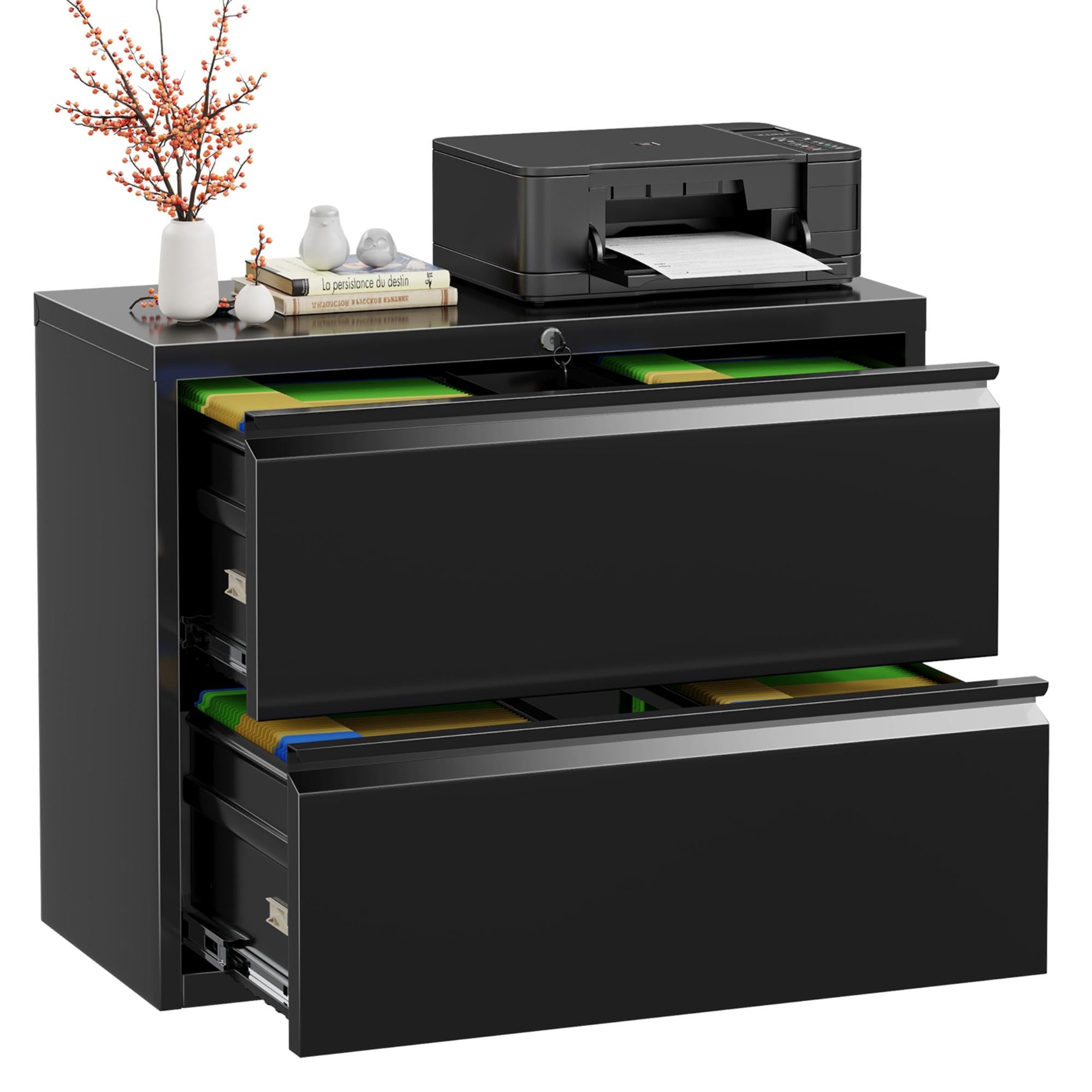 Lateral File Cabinet 2 Drawer, Black Metal File Cabinets for Home Office, Locking File Cabinet for Letter/Legal/F4/A4 Size, Easy Assembly