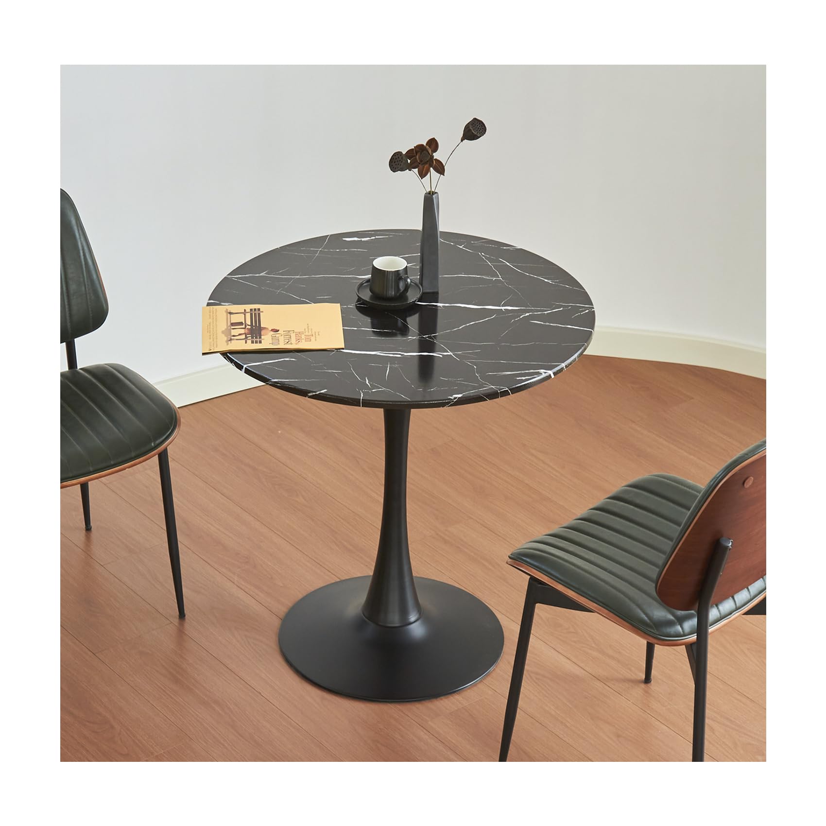 Hansweld Round Dining Table, 24" Circle Tulip Table with Thickened Tabletop & Metal Pedestal, Mid Century Modern Bistro Table for Kitchen, Small Places, Living Room, Cafe (Marble Pattern Black)