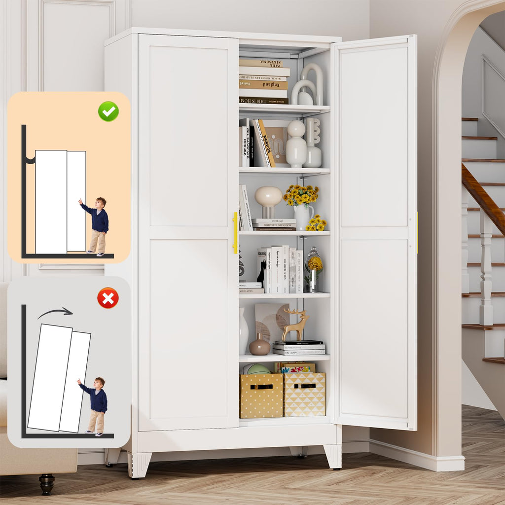 White Metal Storage Cabinet, 79" Pantry Cabinets for Office