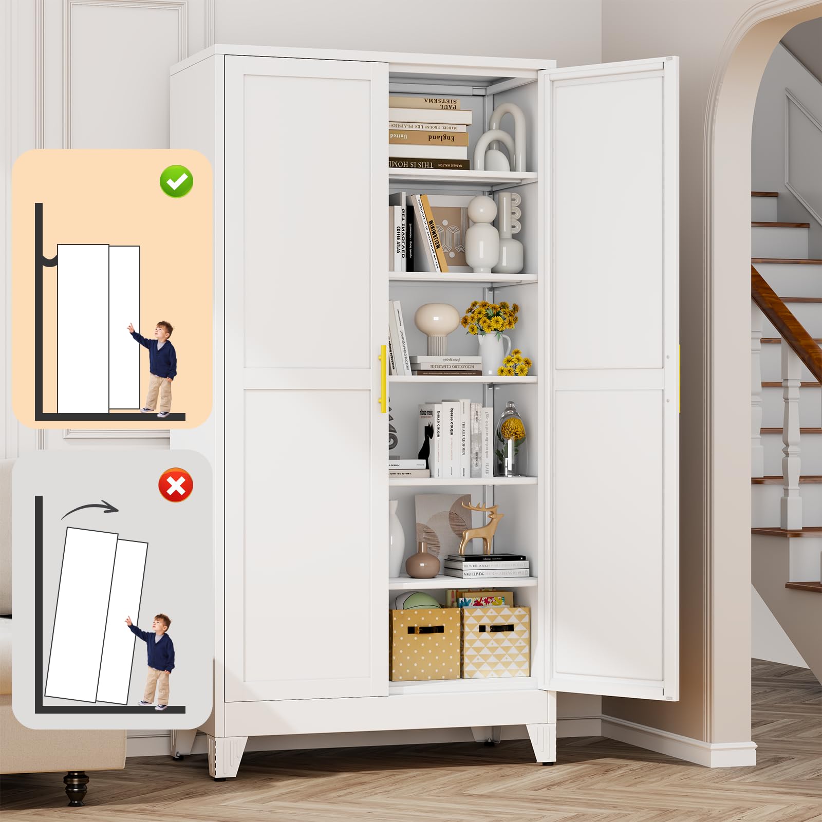 White Metal Storage Cabinet, 79" Pantry Cabinets for Office