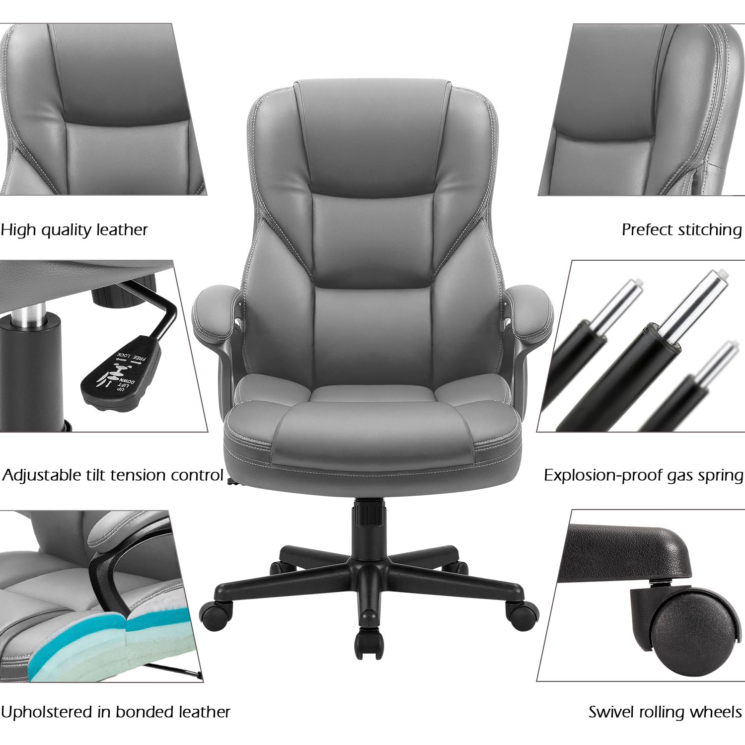 Office Executive Chair High Back Adjustable Managerial Home Desk Chair, Swivel Computer PU Leather Chair with Lumbar Support (1, Gray)