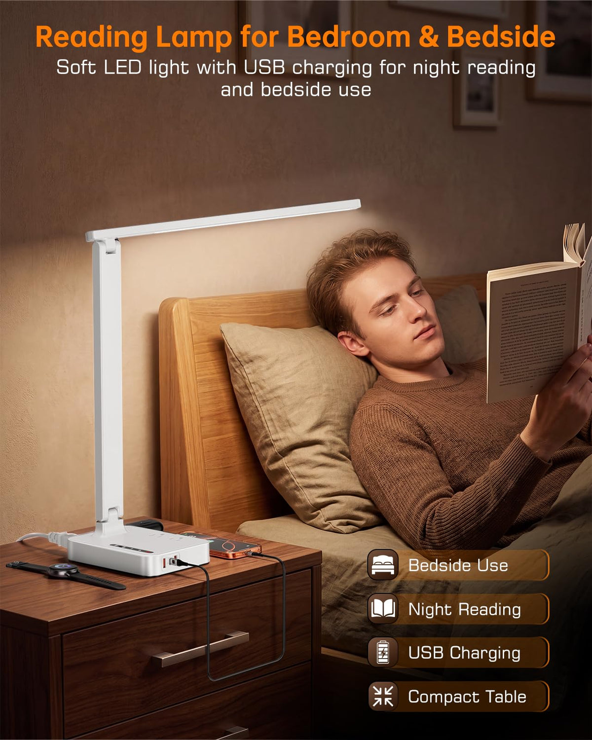 LED Desk Lamp for Dorm Office, USB-C,AC Outlet, Reading Light, White