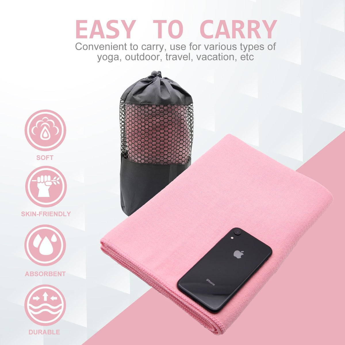 Yoga Towel,Hot Yoga Mat Towel with Grip Dots Sweat Absorbent Non-Slip for Hot Yoga, Pilates and Workout 24" x72", Pink