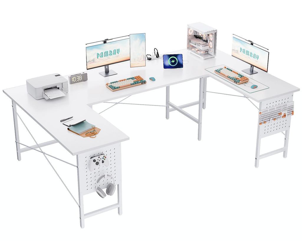 71 Inch Large Computer Desk with Power Outlets,U Shaped Corner Desk for Home Office Work and Gaming White