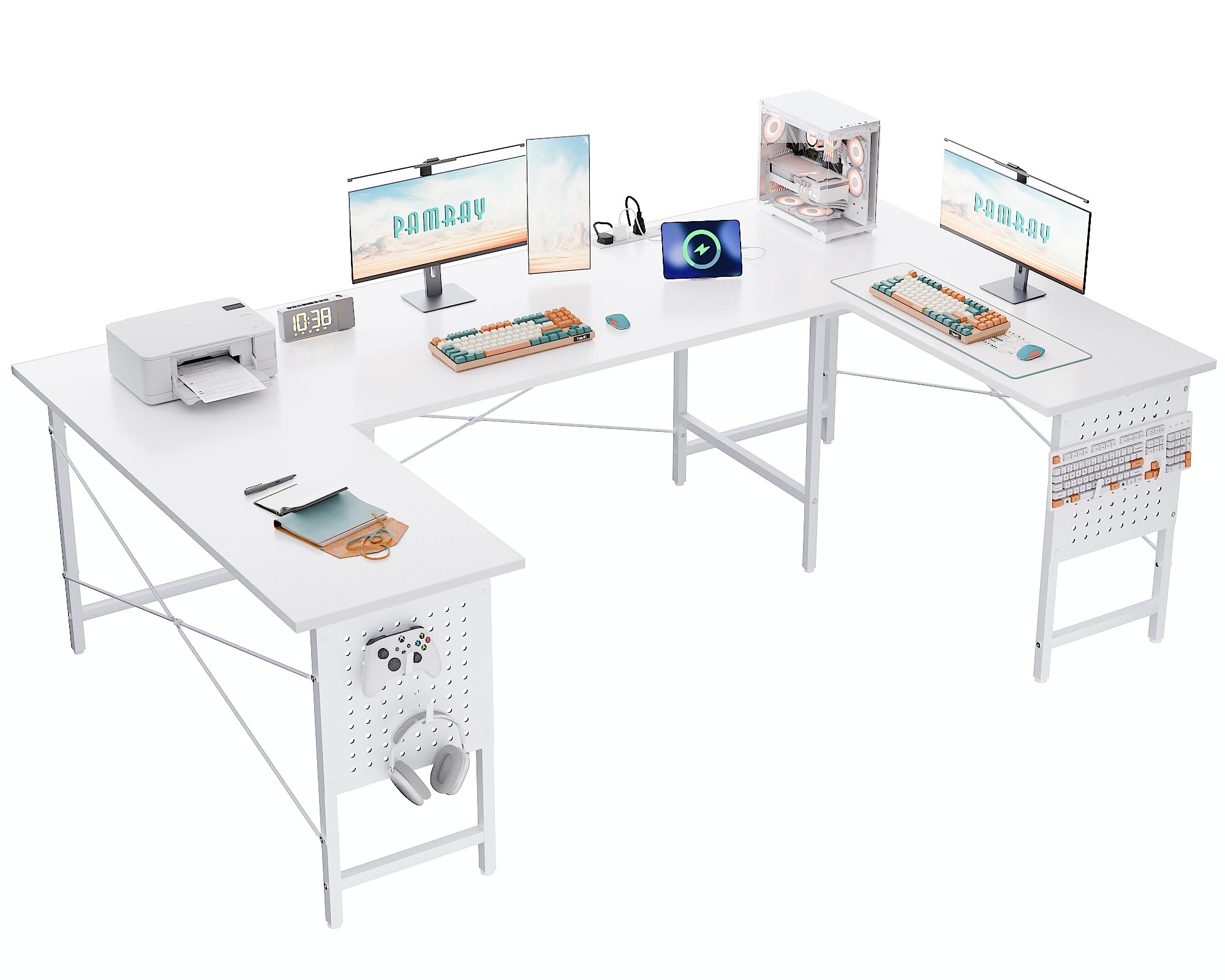 71 Inch Large Computer Desk with Power Outlets,U Shaped Corner Desk for Home Office Work and Gaming White