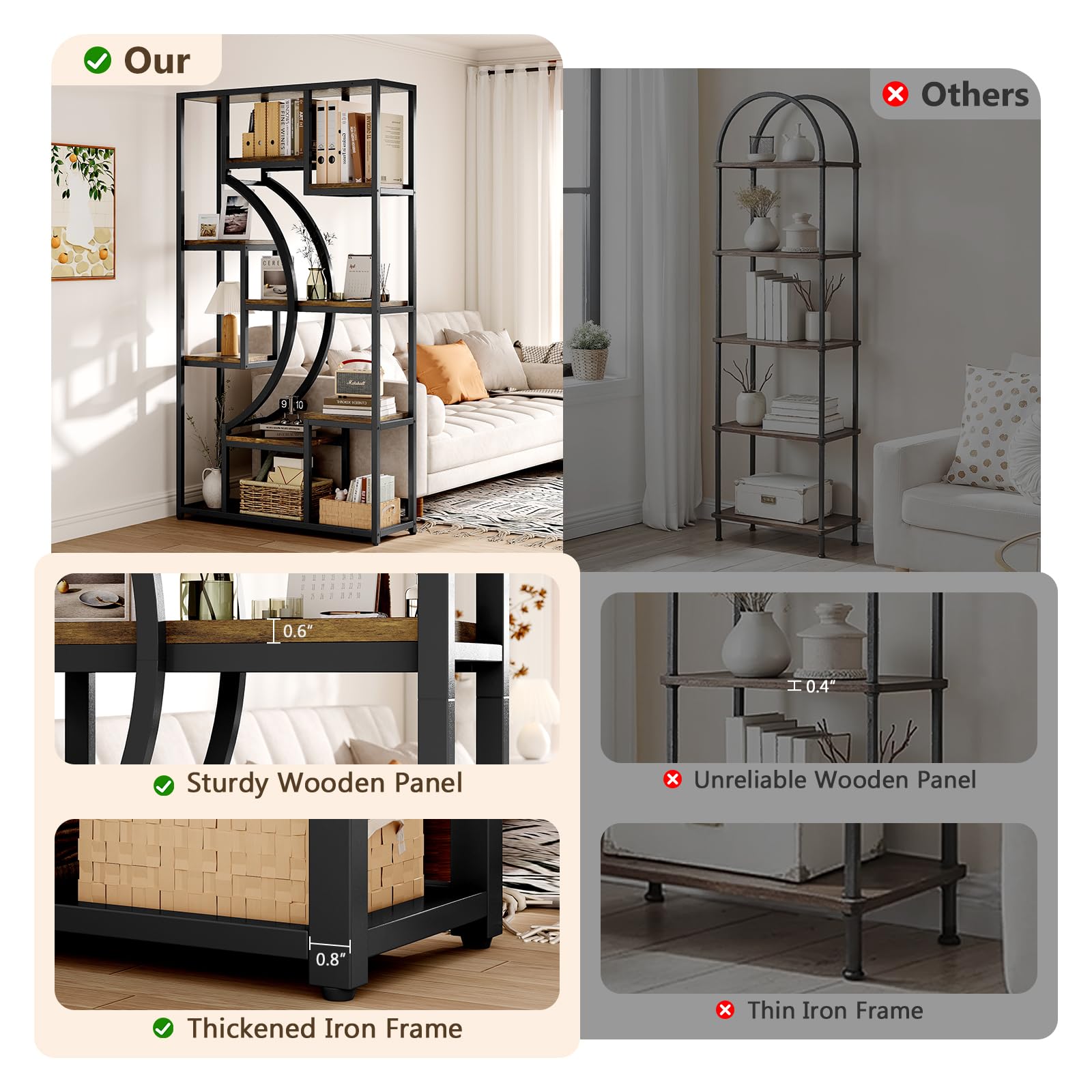 5-Tier Bookshelf with Storage, 70.9 Inch Tall Large Display Bookcase - Modern Metal Standing Shelves for Living Room, Office and Bedroom, Set of 2, Brown
