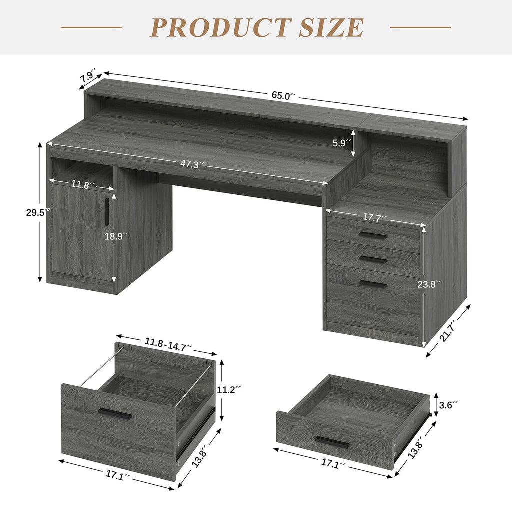 Computer Desk with 3 Drawers & Storage Shelves, 65 Inch Home Office Desk with File Drawer & Cabinet, Writing Study Desks with Monitor Stand & Printer Shelf, Dark Grey