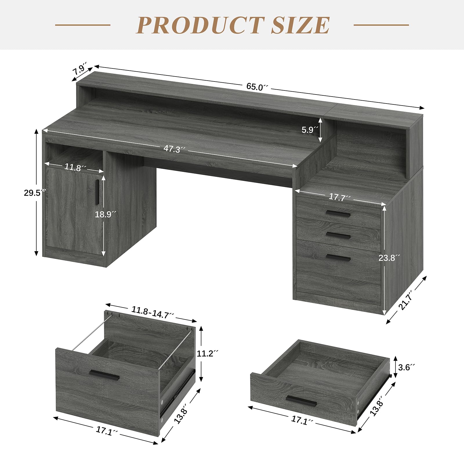 Computer Desk with 3 Drawers & Storage Shelves, 65 Inch Home Office Desk with File Drawer & Cabinet, Writing Study Desks with Monitor Stand & Printer Shelf, Dark Grey
