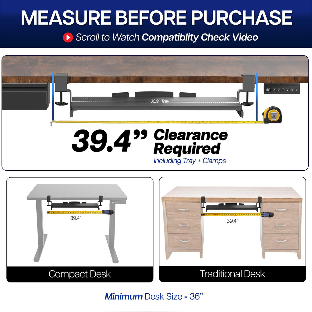 Extra Long Clamp-on Computer Keyboard and Mouse Under Desk Slider Tray, 34 x 11 inch Pull Out Platform Drawer, Rustic Vintage Brown