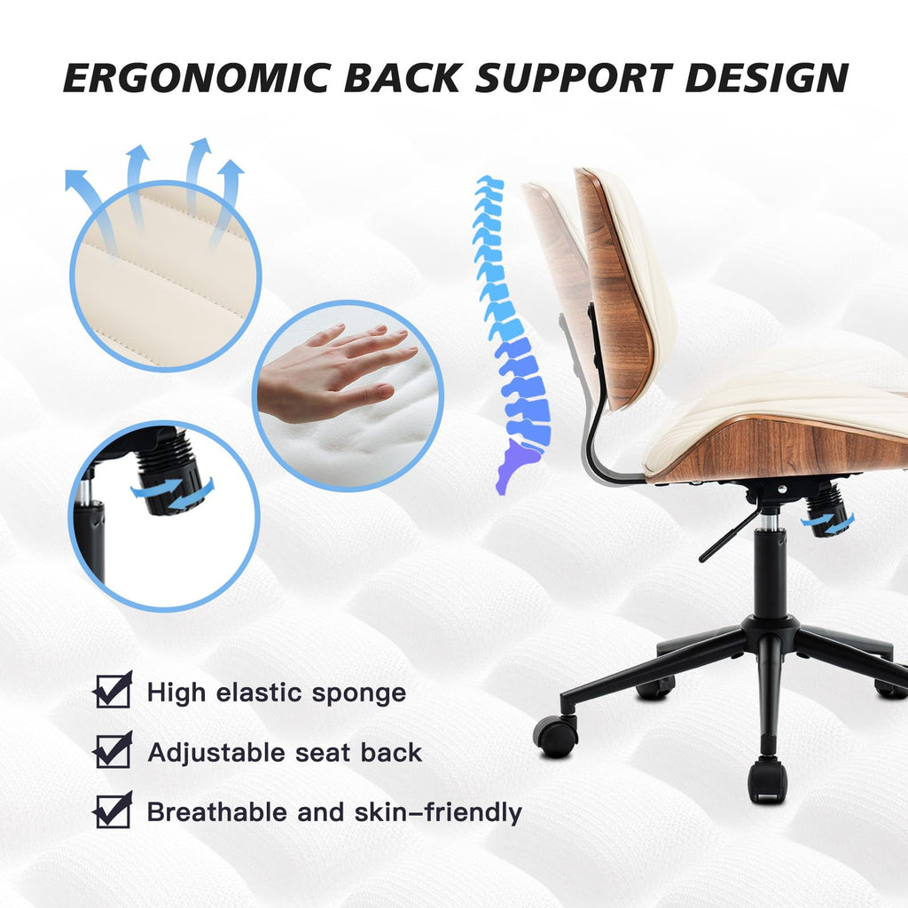 Armless Desk Chair with 360°Swivel Wheels, Ergonomic Adjustable Height Computer Chair for Home Office,PU Leather with Modern Walnut Drafting Chairs for Office, Reading Nook(Beige)