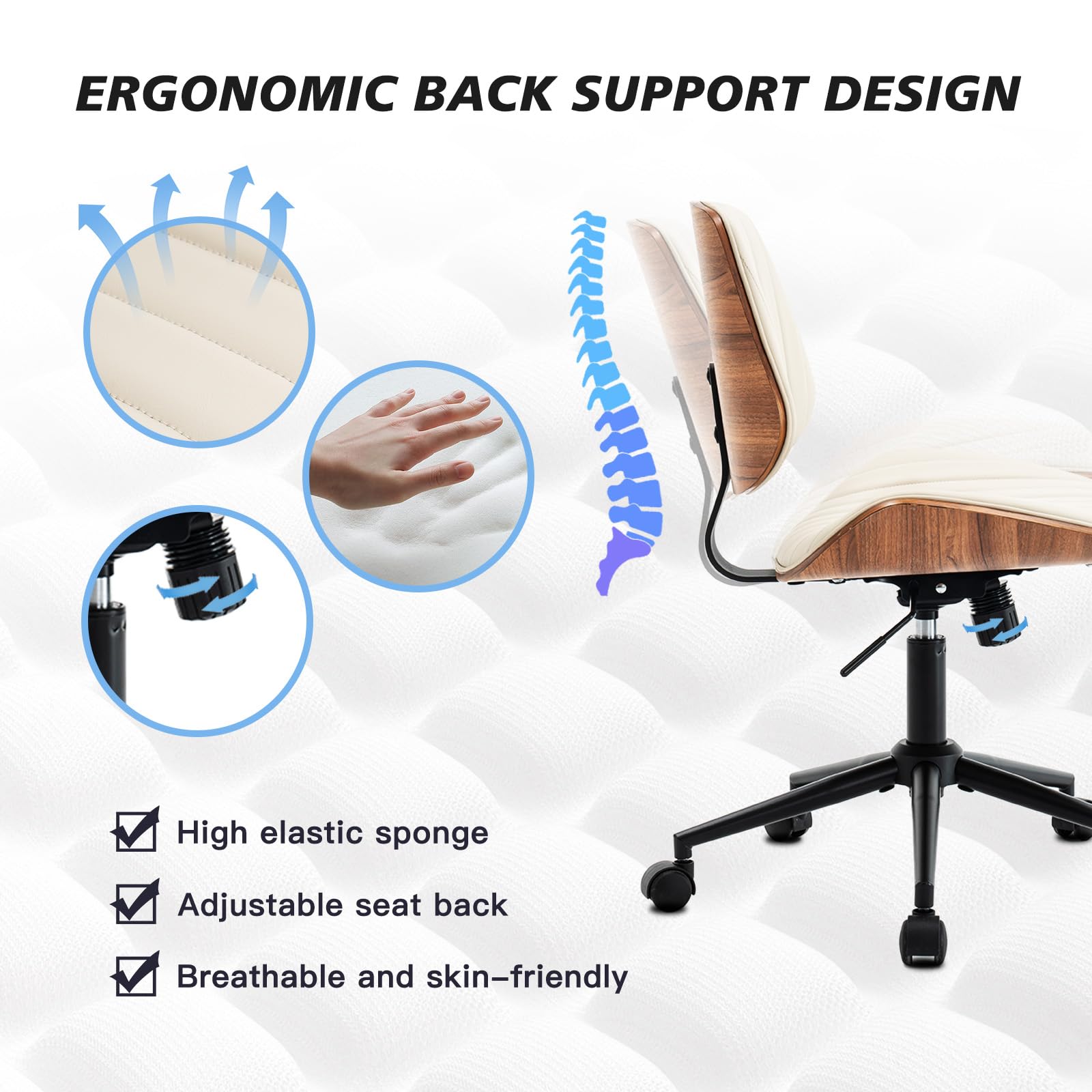 Armless Desk Chair with 360°Swivel Wheels, Ergonomic Adjustable Height Computer Chair for Home Office,PU Leather with Modern Walnut Drafting Chairs for Office, Reading Nook(Beige)