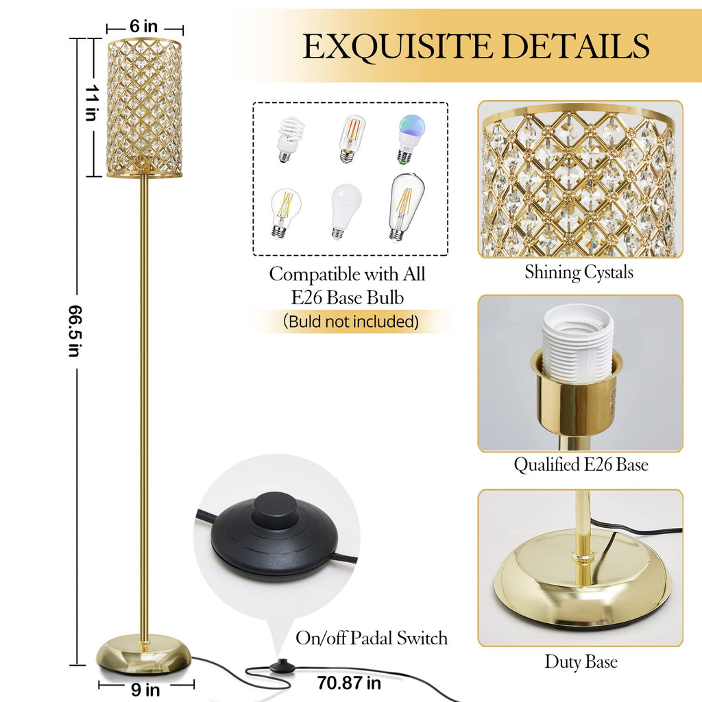 Gold Floor Lamp,Elegant Crystal Floor Lamp Modern Standing Lamp with On/Off Foot Switch,Tall Pole Accent Lighting for Living Room, Girl Bedroom, Dresser, Office