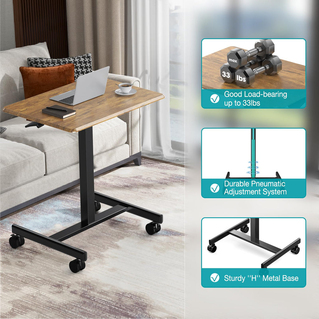 Small Standing Desk Mobile Portable Rolling Laptop PC Table on Wheels Adjustable Height Computer Workstation for Home Office, 19 Inch, Modern Brown
