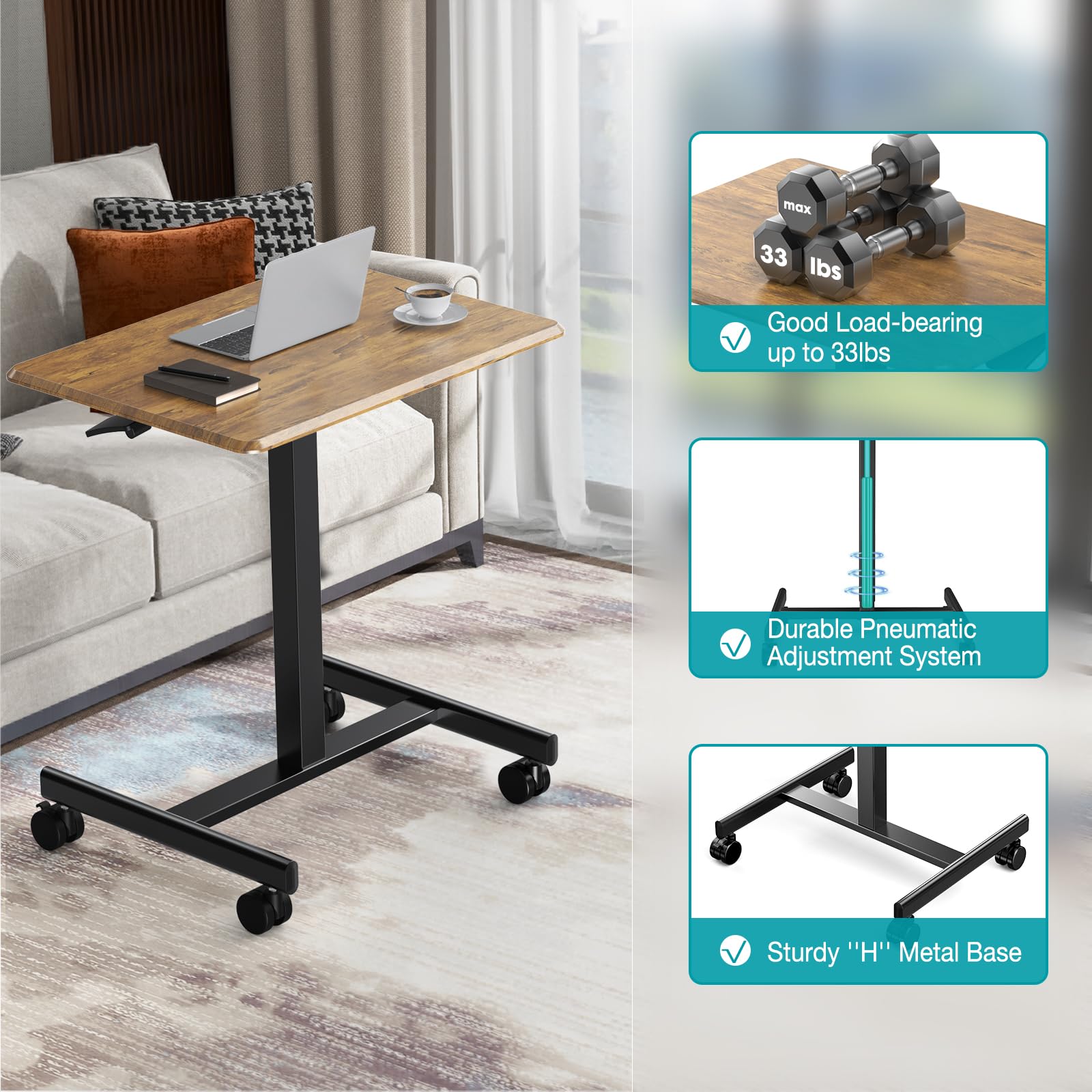 Mobile Small Standing Desk, Portable Rolling Laptop Desk with 2 Lockable Wheels, Adjustable Height Computer Workstation for Home Office, 19 Inch Brown