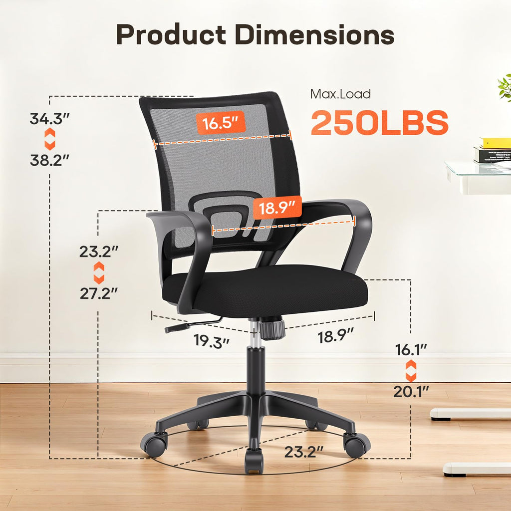 Ergonomic Office Chair | Mid-Back Swivel Desk Chair | Breathable Backrest & Lumbar Support | Adjustable Height | Sponge Seat | Rolling Wheels | Dark Black | for Adults & Women