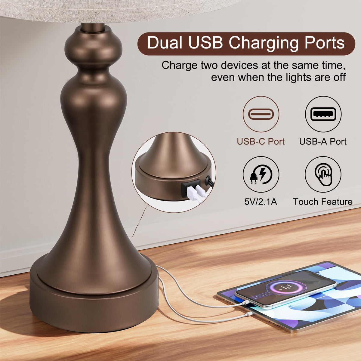 Touch Lamps for Nightstand, 3 Way Dimmable Bedside Lamps with USB C+A Ports