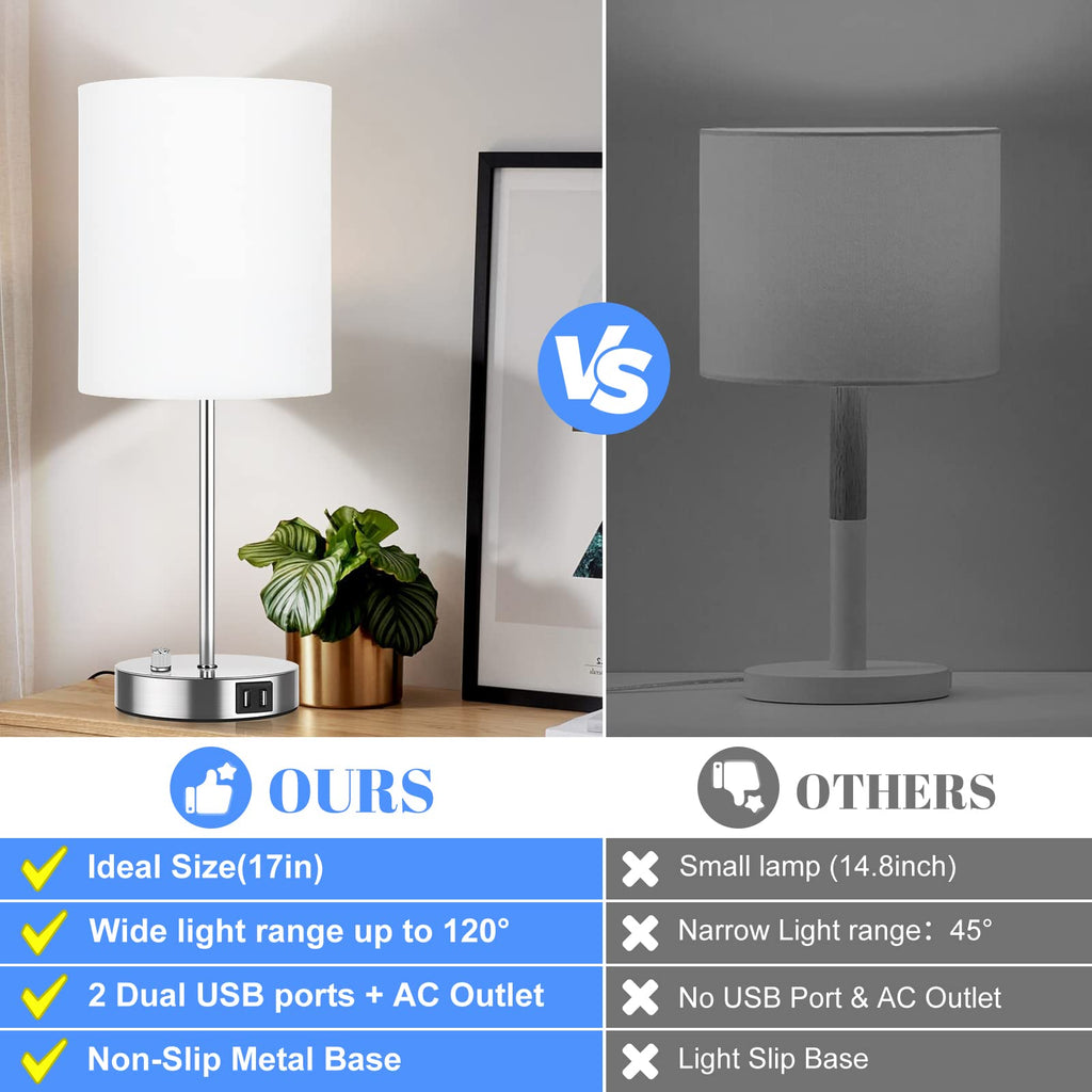 Set of 2 Table Lamps with USB Ports, White Bedside Lamps with AC Outlet