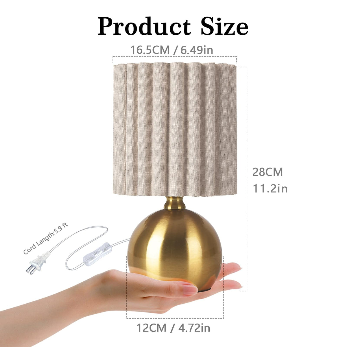 Gold Small Table Lamp with Scalloped Linen Shade, Mini Brass Gold Table Lamp for Bedroom Nightstand, Cute Desk Night Light for Living Room, Bookshelf, Kitchen Counter, Kids Room, Office