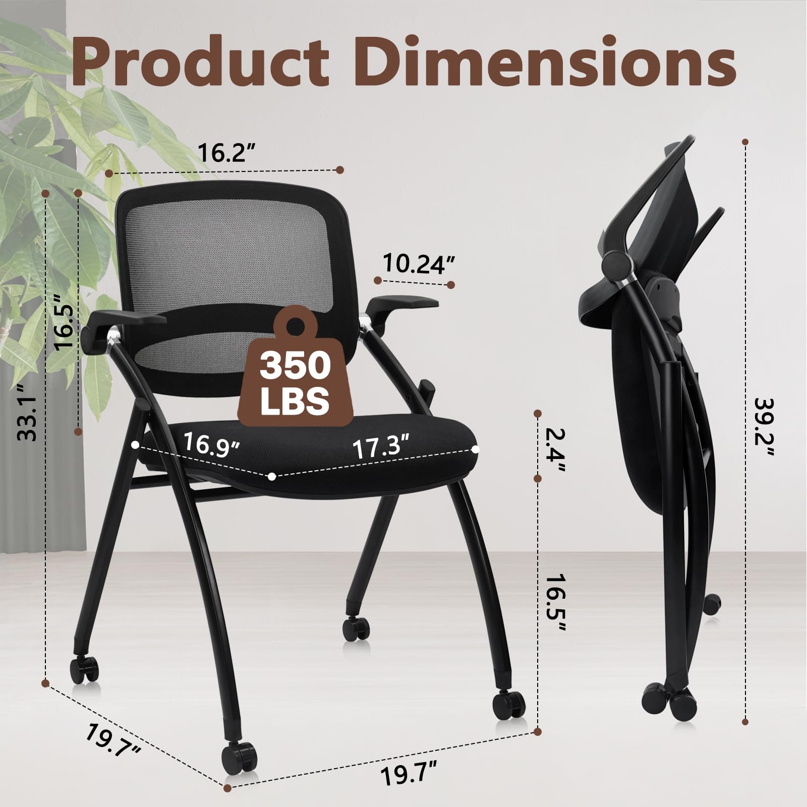 (2pk) Stackable & Foldable Chairs with Flip Up Armrests, Reception Guest Chairs with Wheels, Ergonomic Curved Mesh Back Folding Chair for Office Meeting Schools Conference Waiting Room