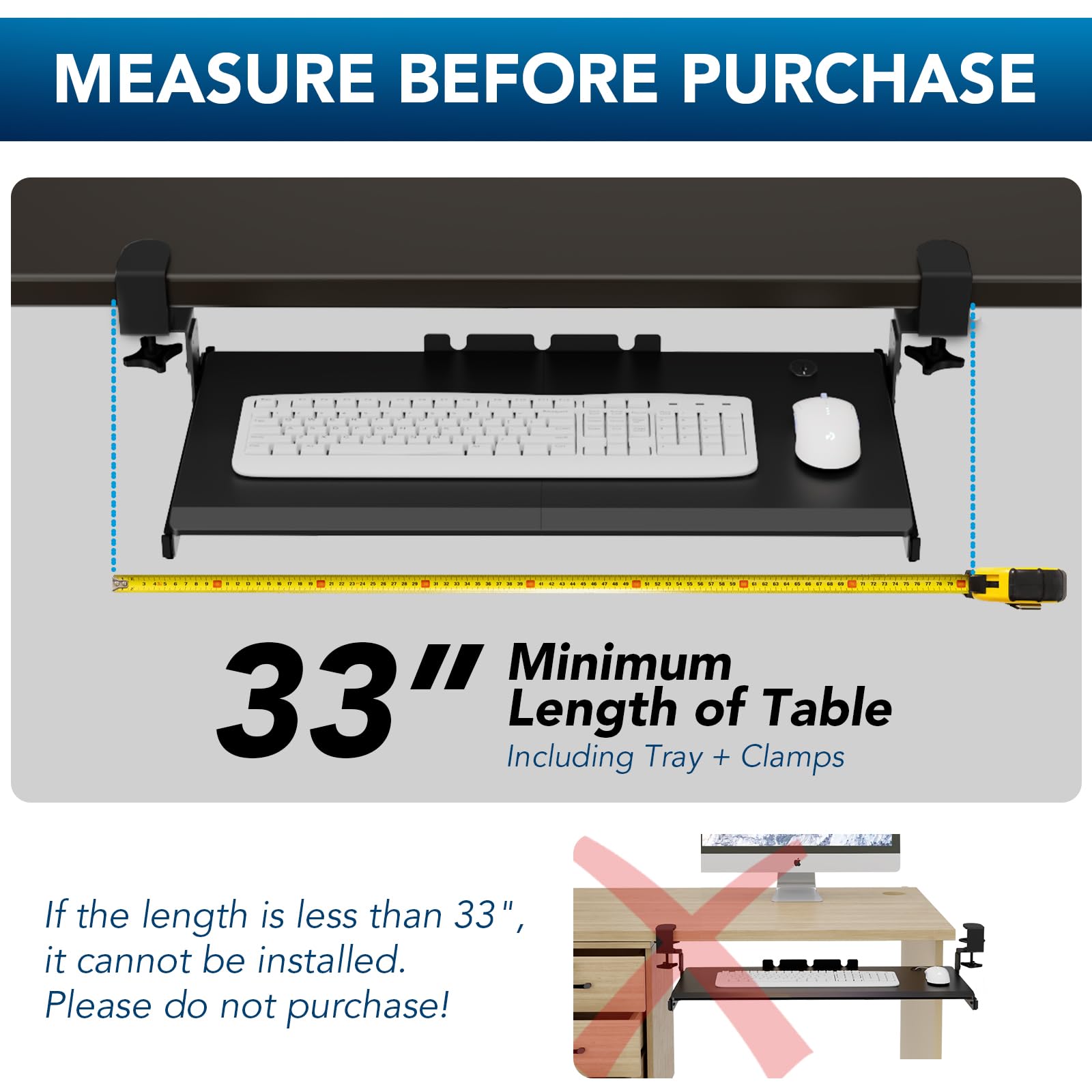 Keyboard Tray Under Desk Pull Out with Extra Sturdy Adjustable C Clamp Mount System, 27.3 (32.5 inch Including Clamps) x 11 Inch Slide-Out Platform Computer Drawer for Typing, Black,