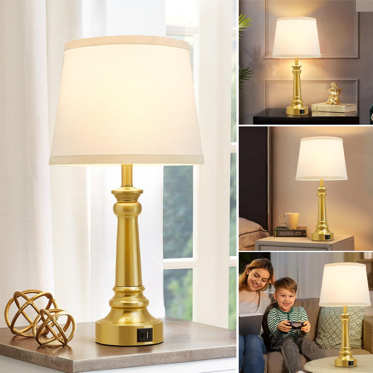 Touch Lamps for Nightstand Set of 2 - Gold Table Lamp for Bedroom Dimmable Bedside Lamps with USB C+A Ports - Lamps for Night Stands Living Room End Table,2 LED Bulbs Included