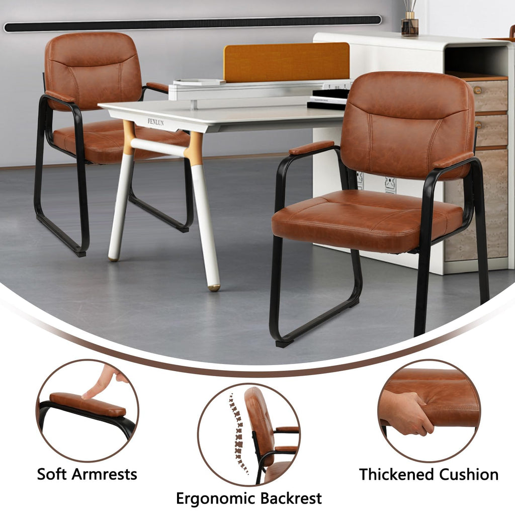 2 Pack, Waiting Room Guest Chair with Bonded Leather Padded Arm Rest for Office Reception and Conference Desk Black with Sled Base Brown