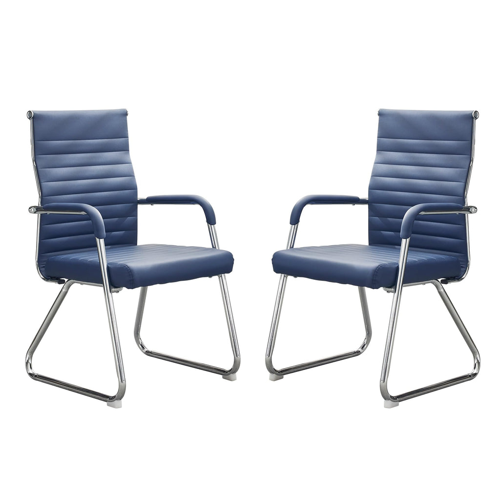 Office Chairs Set of 2, Modern Leather Reception Chairs with Mid Back & Sled Base, No-Wheel Desk Chairs for Waiting Room & Conference Room