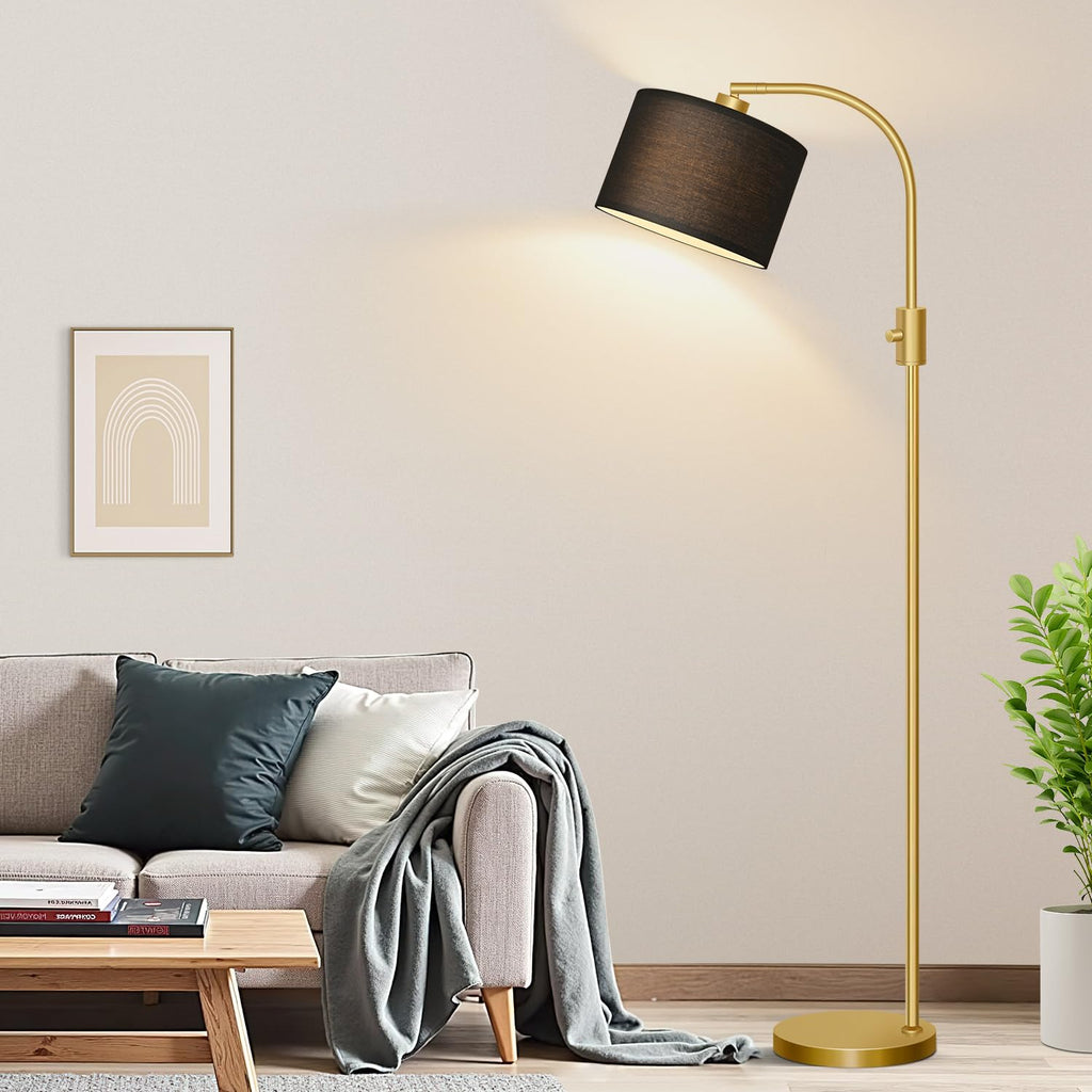 Upgraded Modern Arc Dimmable Tall Standing Floor Lamp with Black Shade, 1200 Lumens LED Bulb Included, for Living & Reading Room, Bedroom, Office & Nursery, Gold
