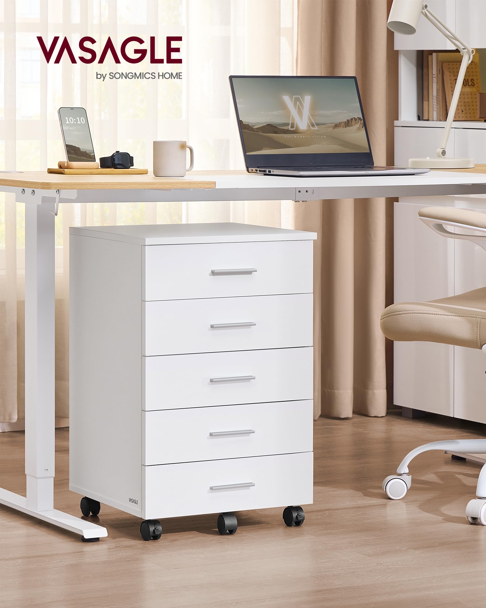 File Cabinet, Mobile Pedestal Filing Cabinet with Wheels, Printer Stand with 5 Drawers, Tool-Free Sliding Rails, for Study, Home Office, Cloud White