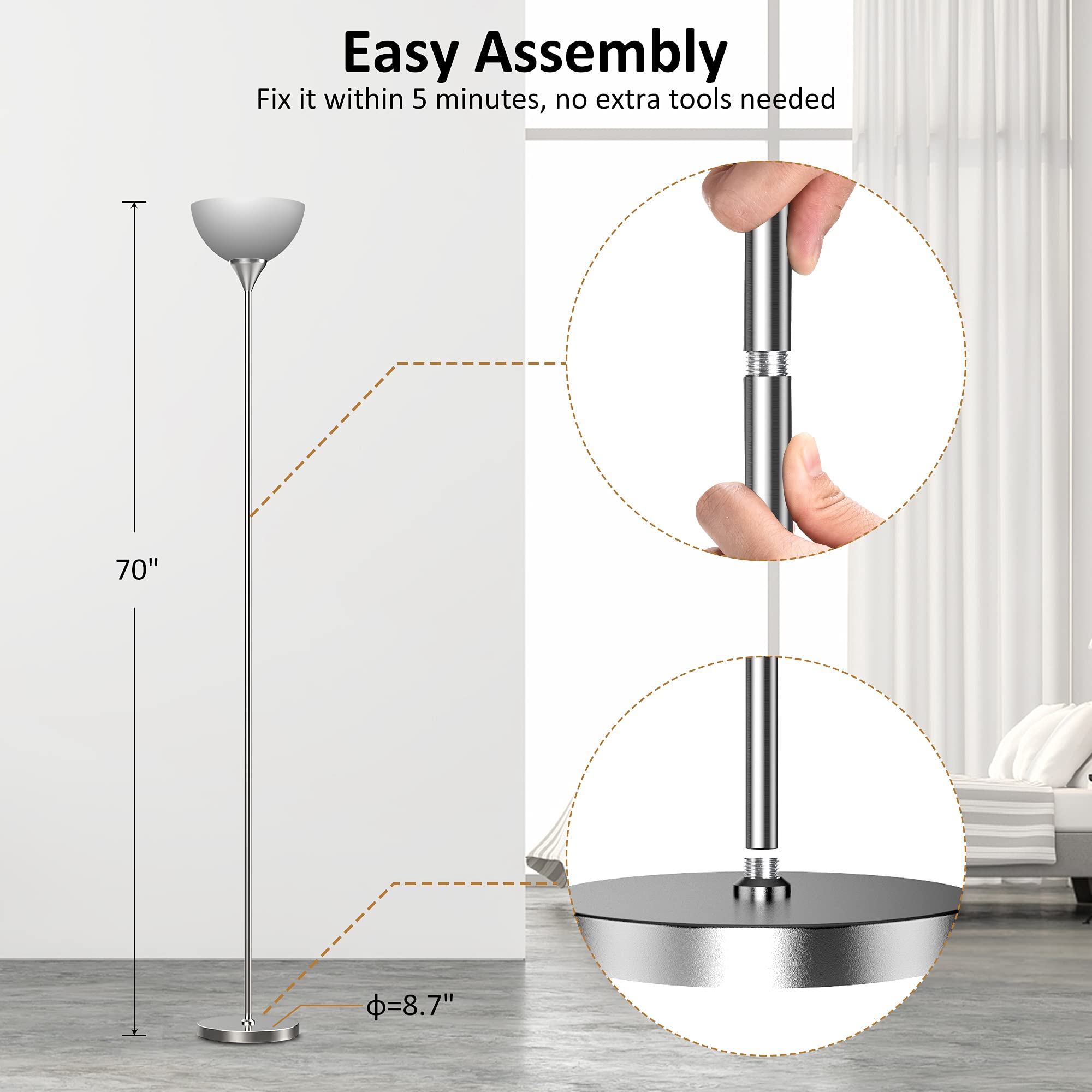 Floor Lamp, Remote Control with 4 Color Temperatures, Torchiere Floor lamp for Bedroom, Standing Lamps for Living Room, Bulb Included (Brushed Nickel)