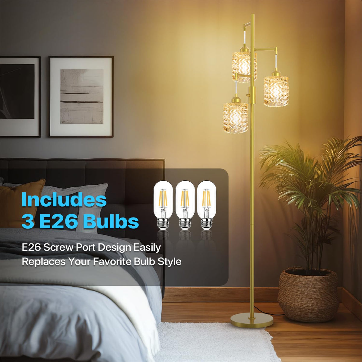 Gold Floor Lamp for Living Room, 3-Light Gold Glass Lampshades