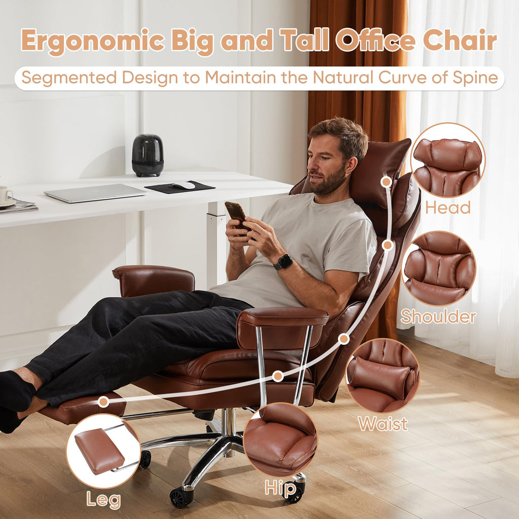Sweetcrispy Executive Home Office Desk Chair - Ergonomic Big Tall High Back with Footrest & Lumbar Support, Reclining Height Adjustable, Comfy PU Leather Computer Gaming with Swivel Wheels, Brown
