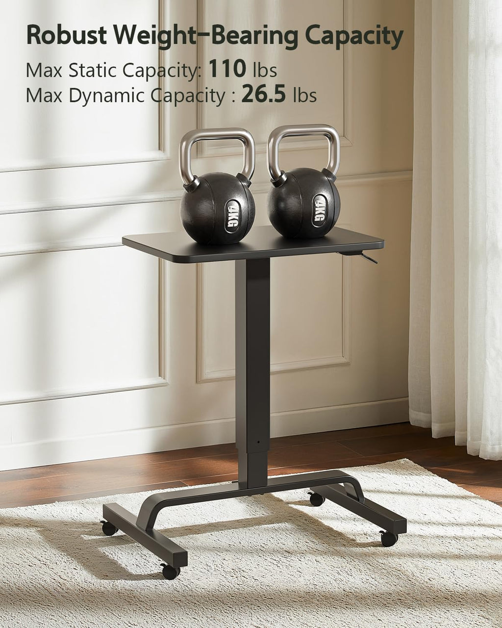 Height Adjustable Mobile Standing Desk with 360° Swivel Casters, 29"-45" Pneumatic Rolling Desk on Wheels, Perfect for Home Office, Bedroom, Living Room, Black