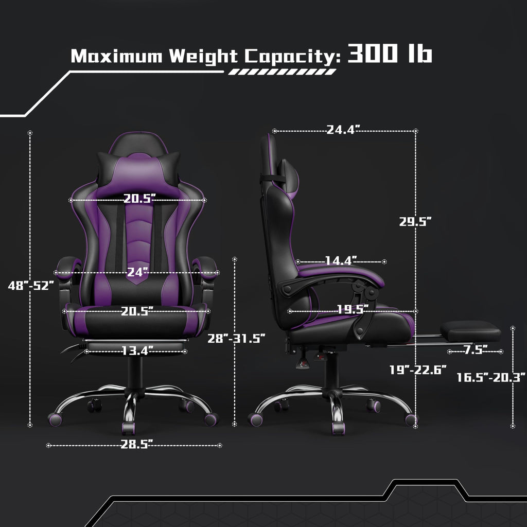 Gaming Chair, Video Game Chair with Massage Lumbar Support and Footrest Height Adjustable Ergonomic Computer Chair with Swivel Seat and Headrest Black/Purple