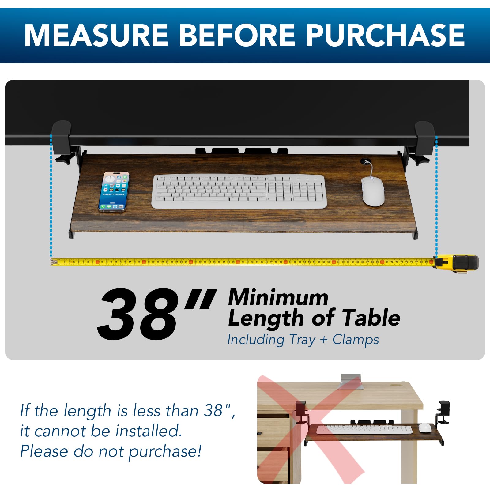Keyboard Tray Under Desk Pull Out with Extra Sturdy C Clamp Mount System, 32.8 (38 inch Including Clamps) x 12 Inch Slide-Out Platform Computer Drawer for Typing Vintage