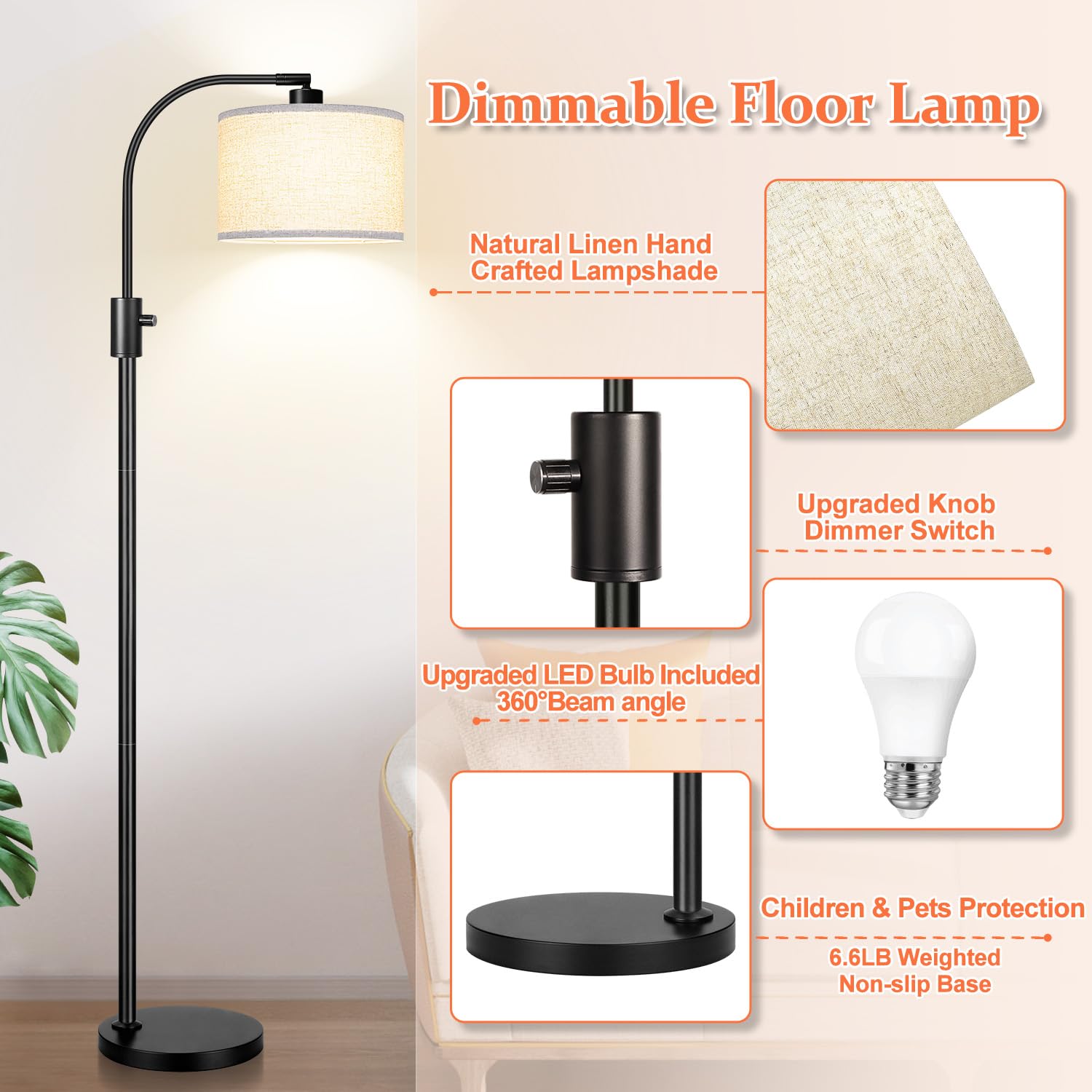 Upgraded Modern Arc Dimmable Tall Standing Floor Lamp with Linen Shade, 1200 Lumens LED Bulb Included, for Living & Reading Room, Bedroom, Office & Nursery, Matte Black