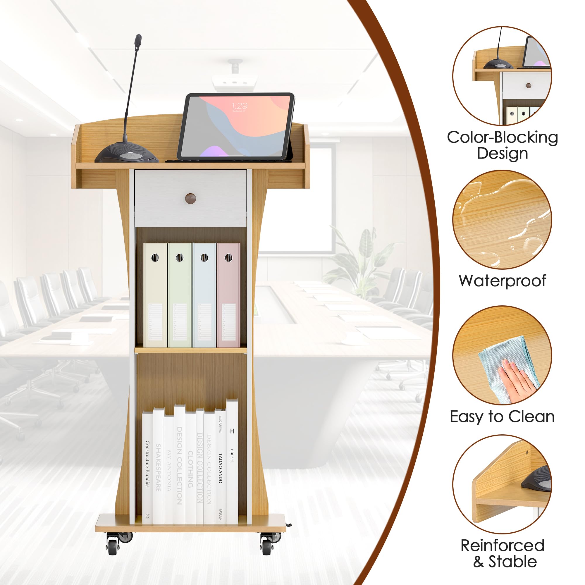 Podium Stand with Metal Wheels Wooden Teacher Lectern Portable Pulpit Standing with Drawer and Adjustable Shelf Mobile Rolling Reception Podiums for Church Office Classroom Lecture Meeting,White+Oak