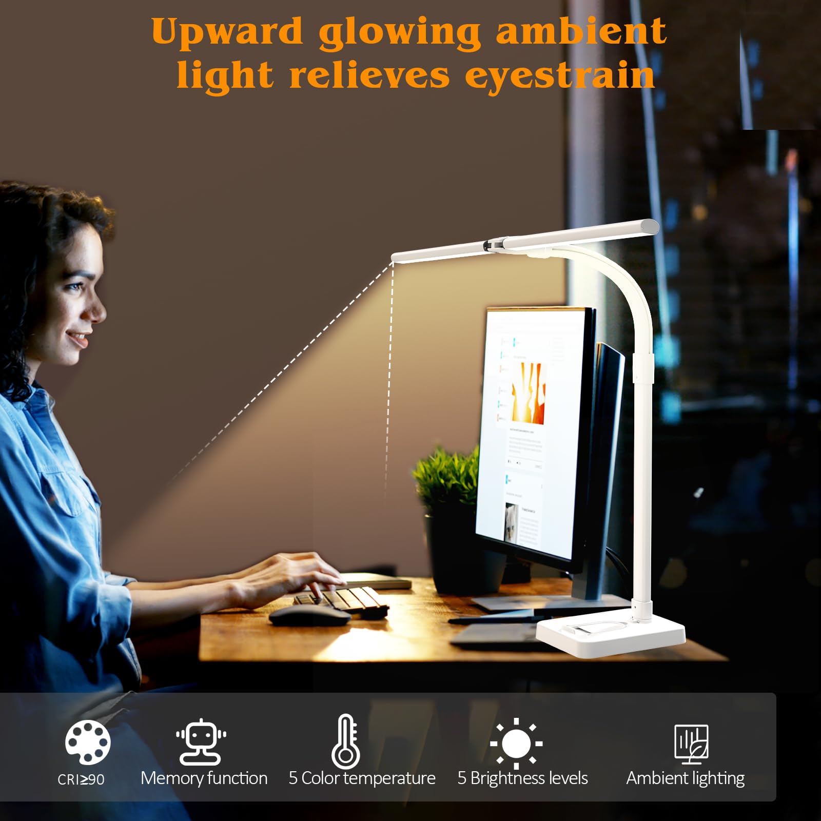 Led Desk Lamp for Office,24W Bright Eye-Caring Desk Light with Base,5 Brightness and 5 temperatures Dimmable Workbench Task Light, Adjustable Gooseneck Table Lamp for Monitor(White)