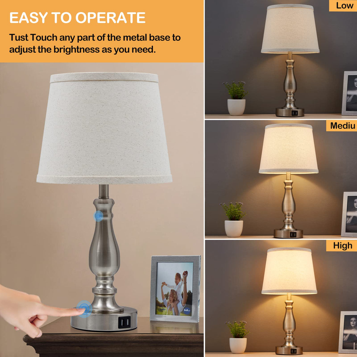 Lamps for Bedrooms Set of 2, Brushed Nickel Bedside Lamps with USB C+A Ports,Dimmable Nightstand Lamps with Fabric Lampshade, Touch Table Lamp for Living Room Bedroom Office, Bulbs Included