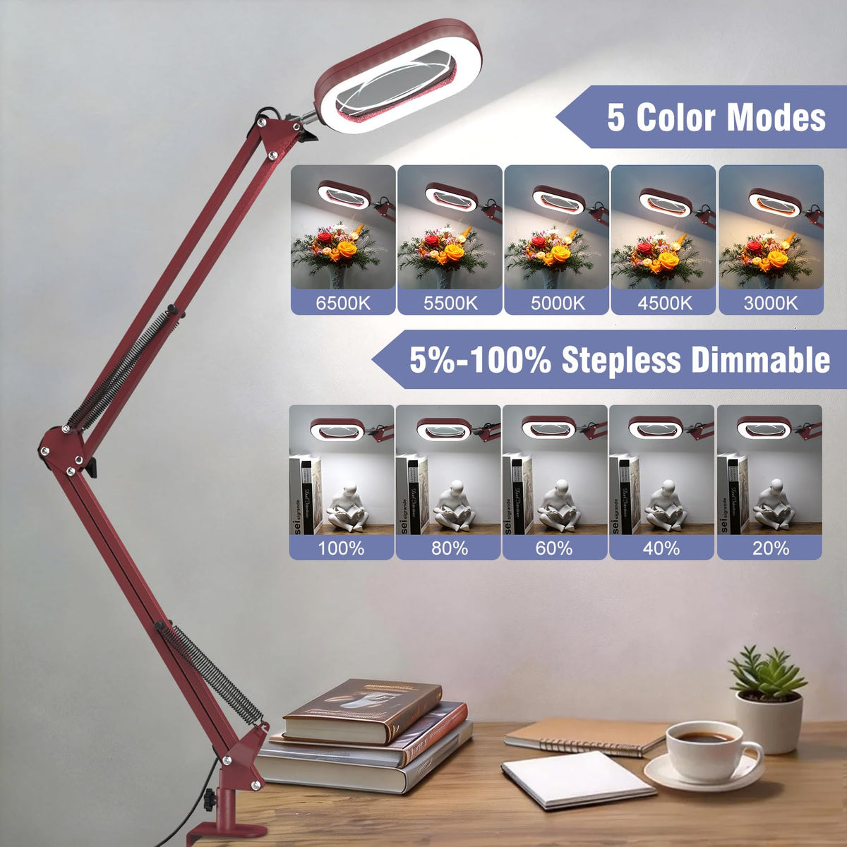 16" Extra Long Magnifying Glass with Light and Clamp, Real Glass, 5 Color Modes, Stepless Dimmable, Lighted Magnifier with Stand Hands Free, LED Swing Arm Desk Lamp for Close Work, Craft, Red