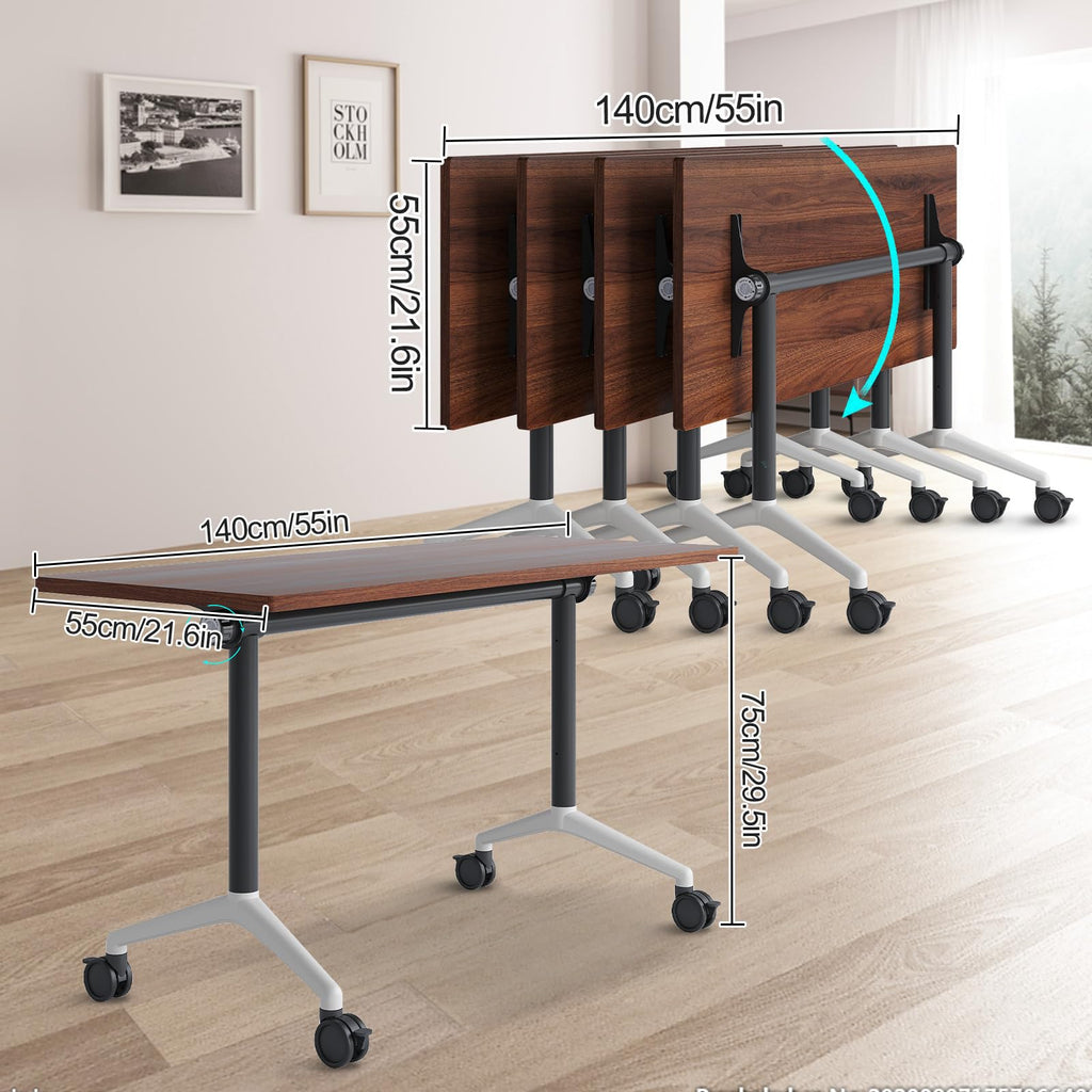 Folding Conference Table with Wheels, Flip-Top, 55.1in, 8 Pack, Walnut 1915
