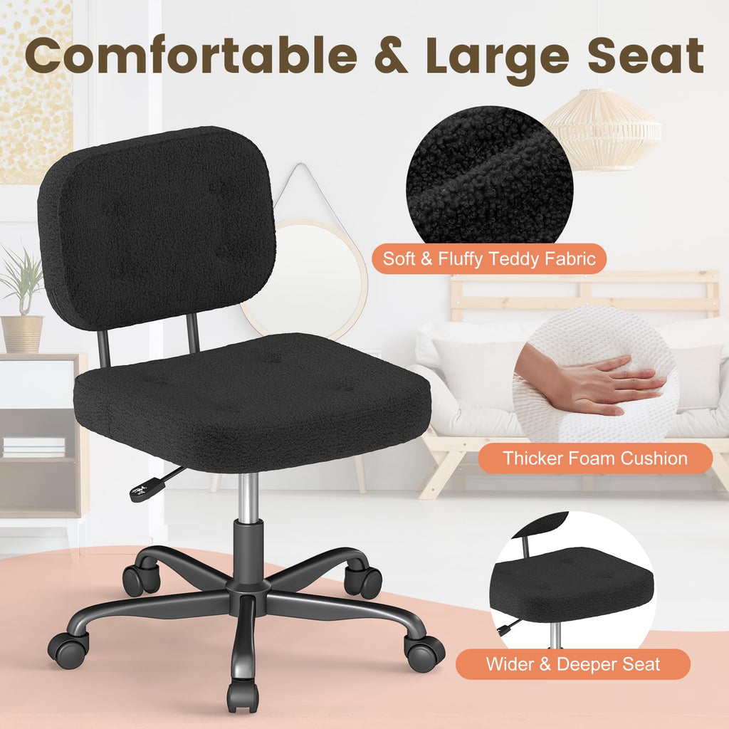 Teddy Fleece Office Chair Black Armless Swivel Task Chair with Adjustable Height & 360° Wheels for Home Office Study