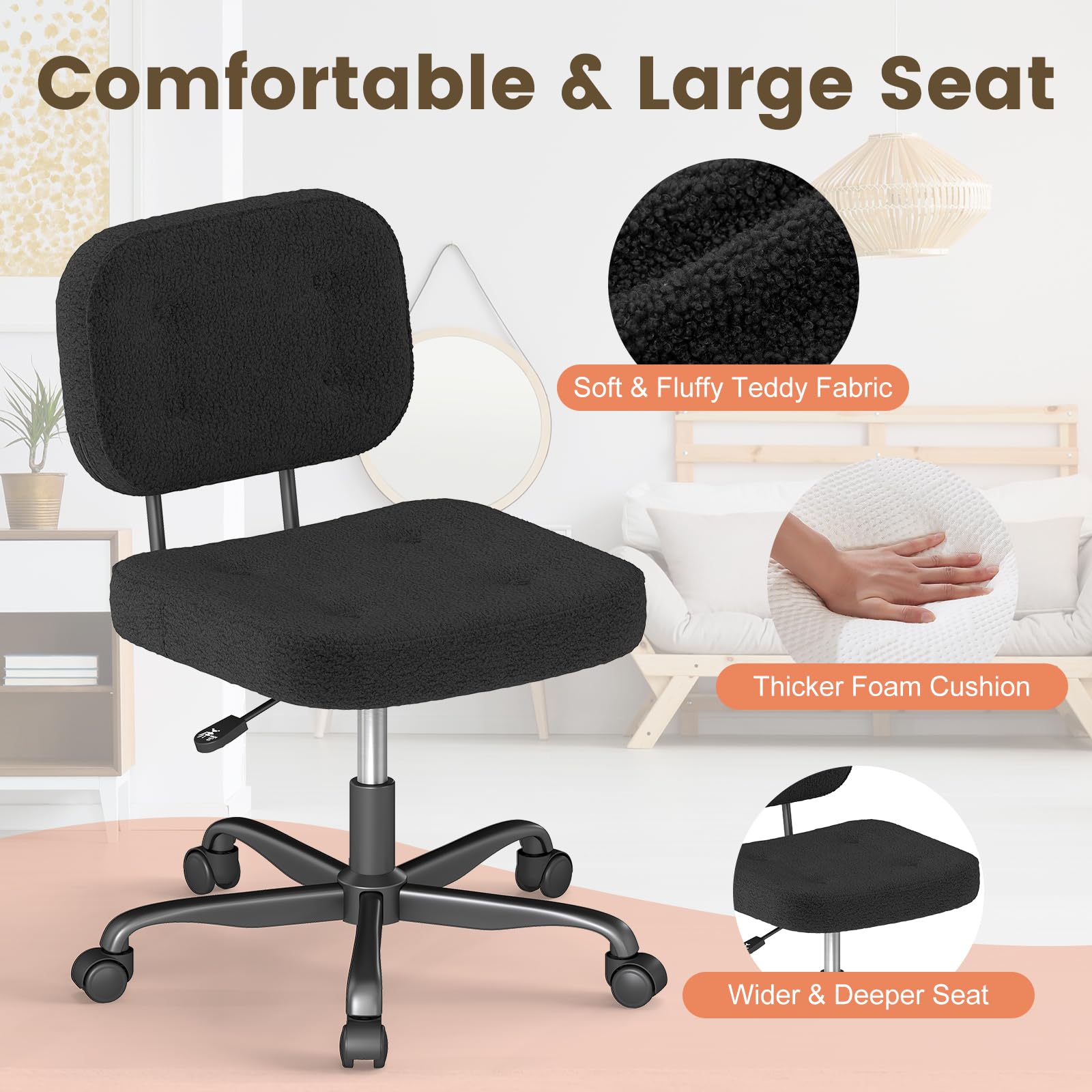Teddy Fleece Office Chair Black Armless Swivel Task Chair with Adjustable Height & 360° Wheels for Home Office Study