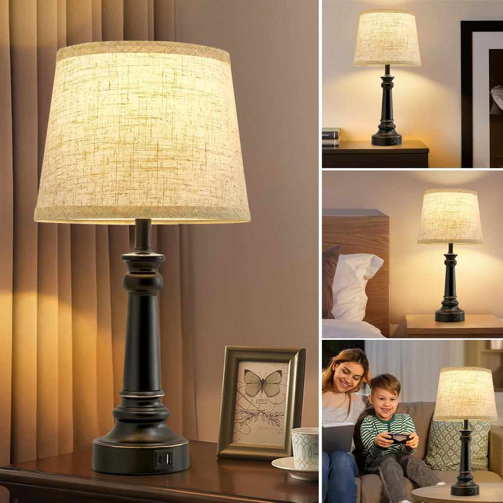 Touch Lamps for Nightstand Set of 2 - Black Table Lamp for Bedroom Dimmable Bedside Lamp with USB C+A Ports - Lamps for Night Stands Living Room End Table,2 LED Bulbs Included
