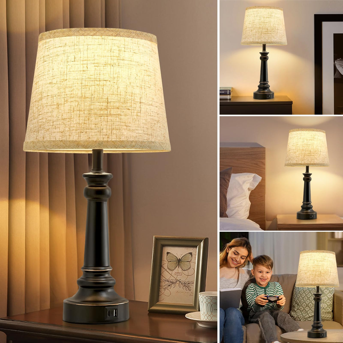 Touch Lamps for Nightstand Set of 2 - Black Table Lamp for Bedroom Dimmable Bedside Lamp with USB C+A Ports - Lamps for Night Stands Living Room End Table,2 LED Bulbs Included