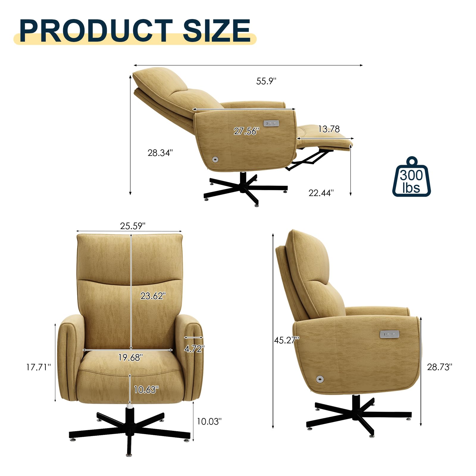 Power Reclining Adjustable Swivel Chair, Ergonomic Executive Office Chair, 90°-125° Tilt, Velvet Upholstery, Built-in USB Charger, 360° Rotation & Height Adjustment, Modern Desk Chair for Home Office